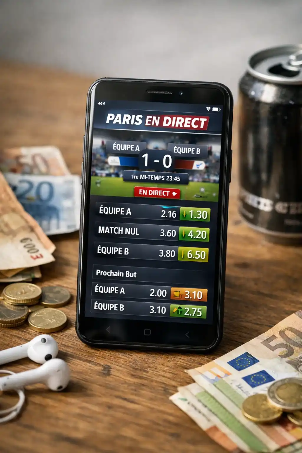 Téléphone affichant une application de paris sportifs illustrant l'accessibilité des paris en ligne et le risque de dépendance.